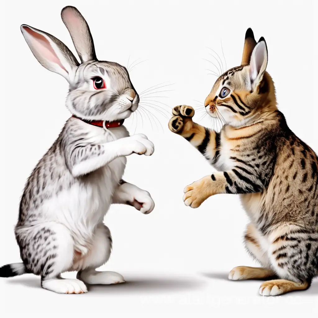 Кролик дерётся в боксе с котёнком 