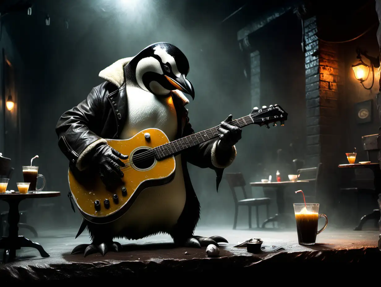 penguin playing guitar  in a dark cafe Frank Frazetta style