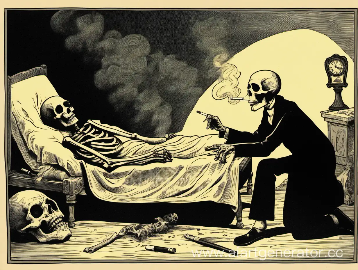 Мультяшная, смерть курит сигарету, возле трупа 