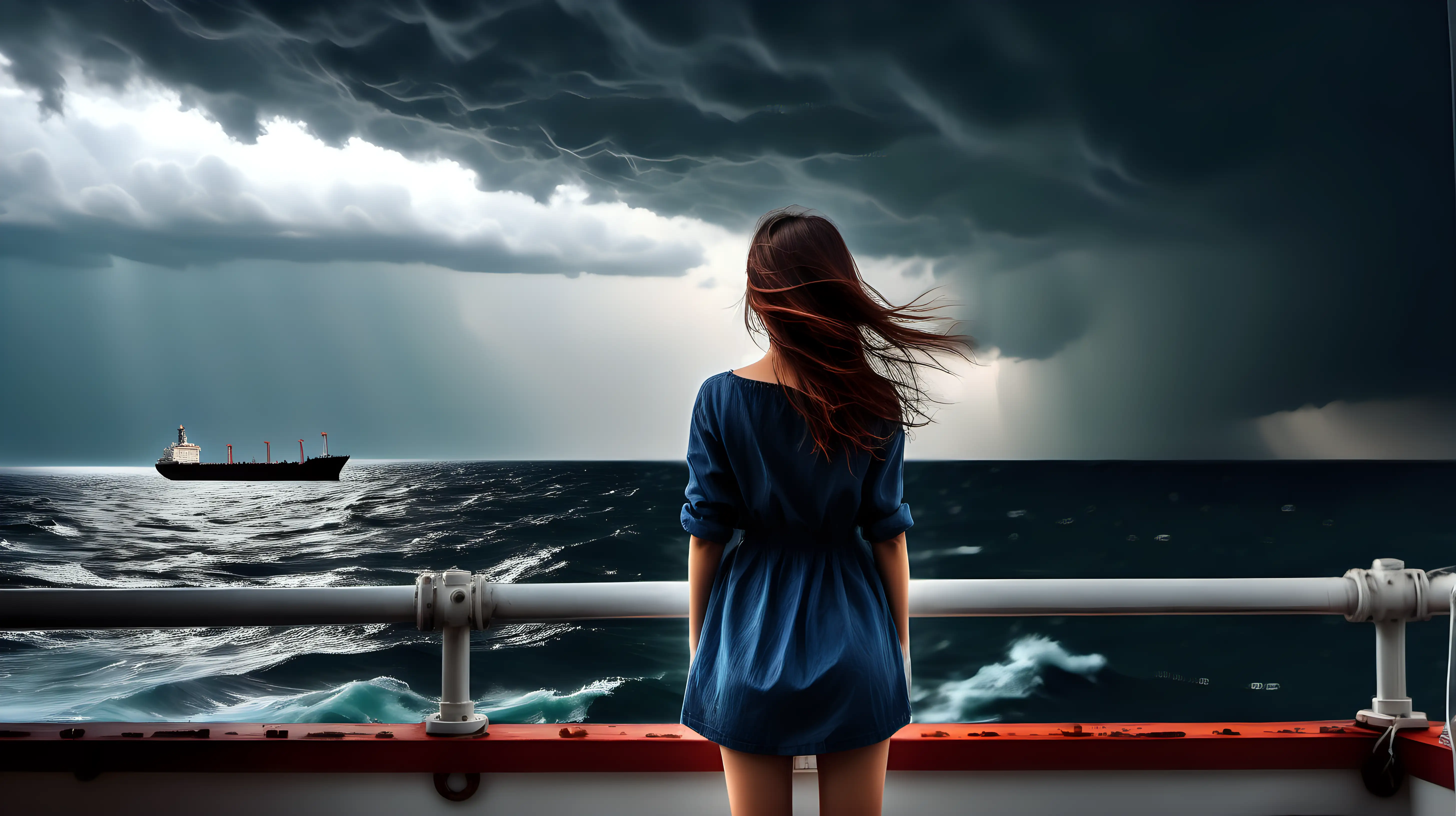 beauty girl dressed alone watching side sea in storm horizon ship
