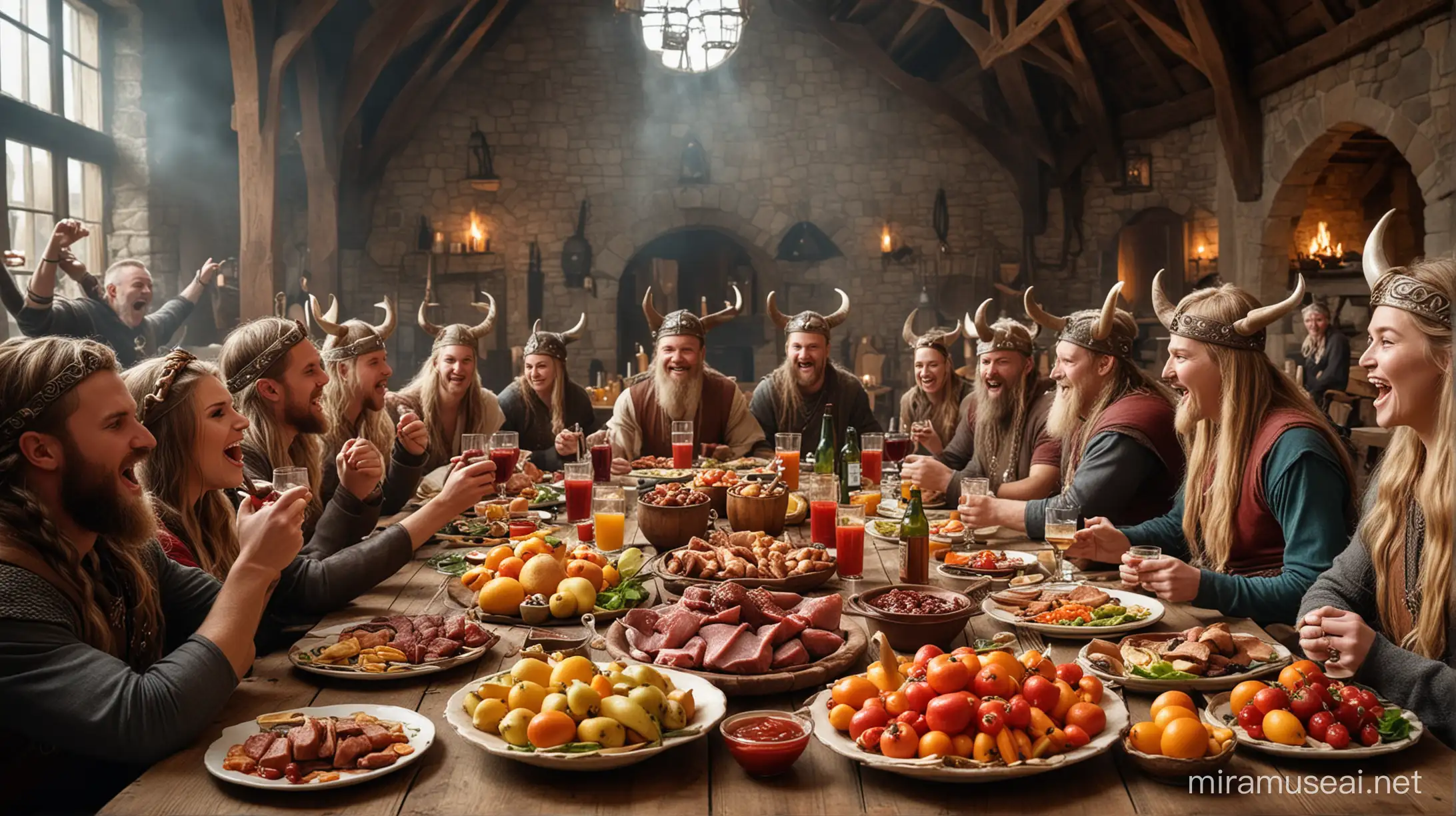 We see Vikings sitting around a table in an old Viking communal hall where they are feasting like crazy.  They are having a lot of fun. Some of them are shouting with their drinks in the air, some are eating their food with appetite, others are hugging each other and singing. On the table we see the horns from which the Vikings drank wine, a whole cooked pig, fruits and a bottle of Heinz hot ketchup, among many other beautiful foods that can be used for a feast. Make this image look like a photograph.