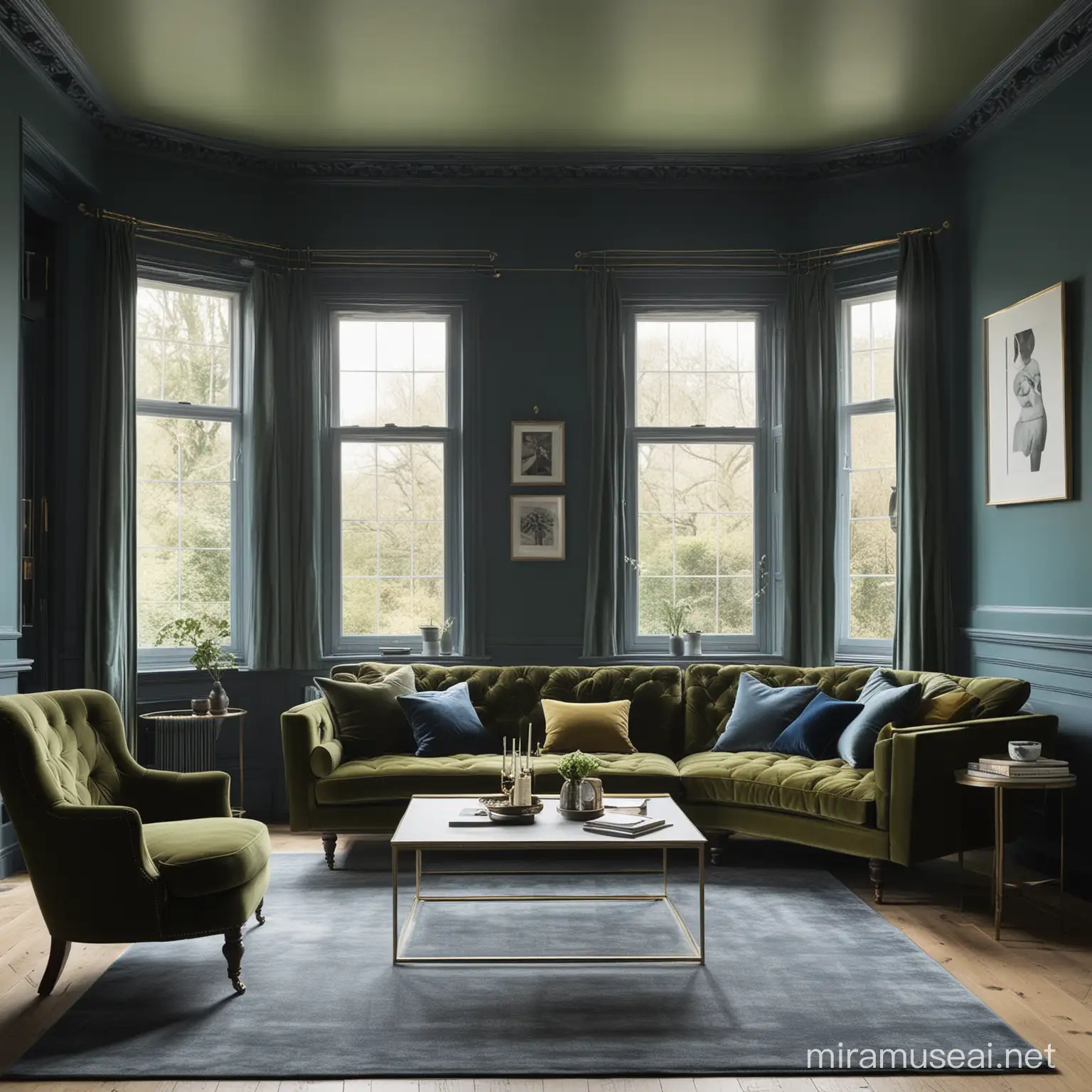 living room with dark blue walls, olive green velvet sofa, windows