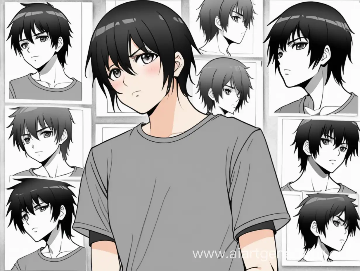 blushing anime guy boy with black hair in grey t-shirt, thin artline, manga page with frames