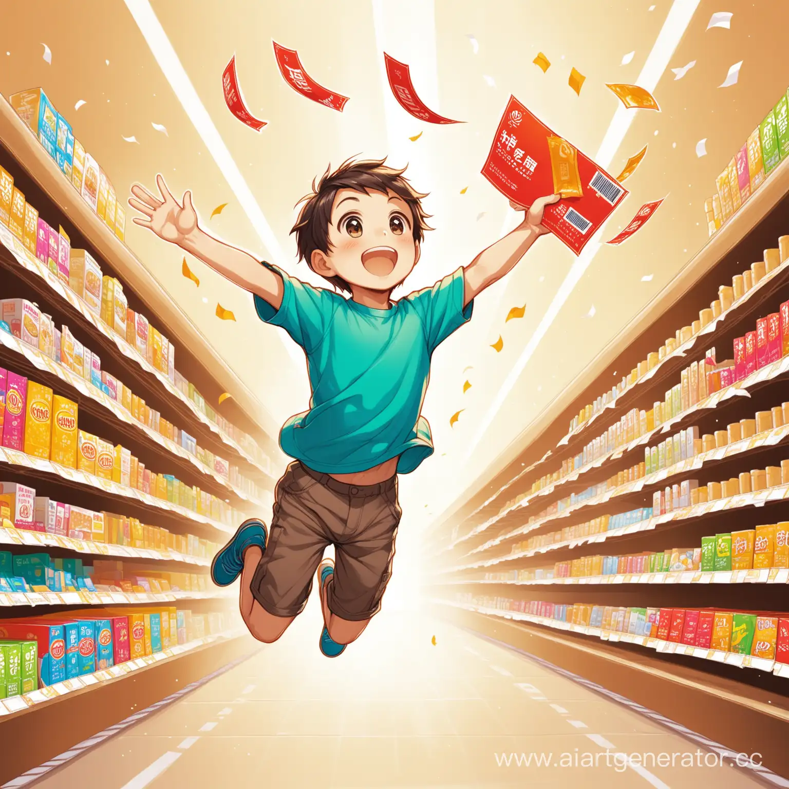 Excited-Boy-Jumping-to-Catch-Flying-Coupon