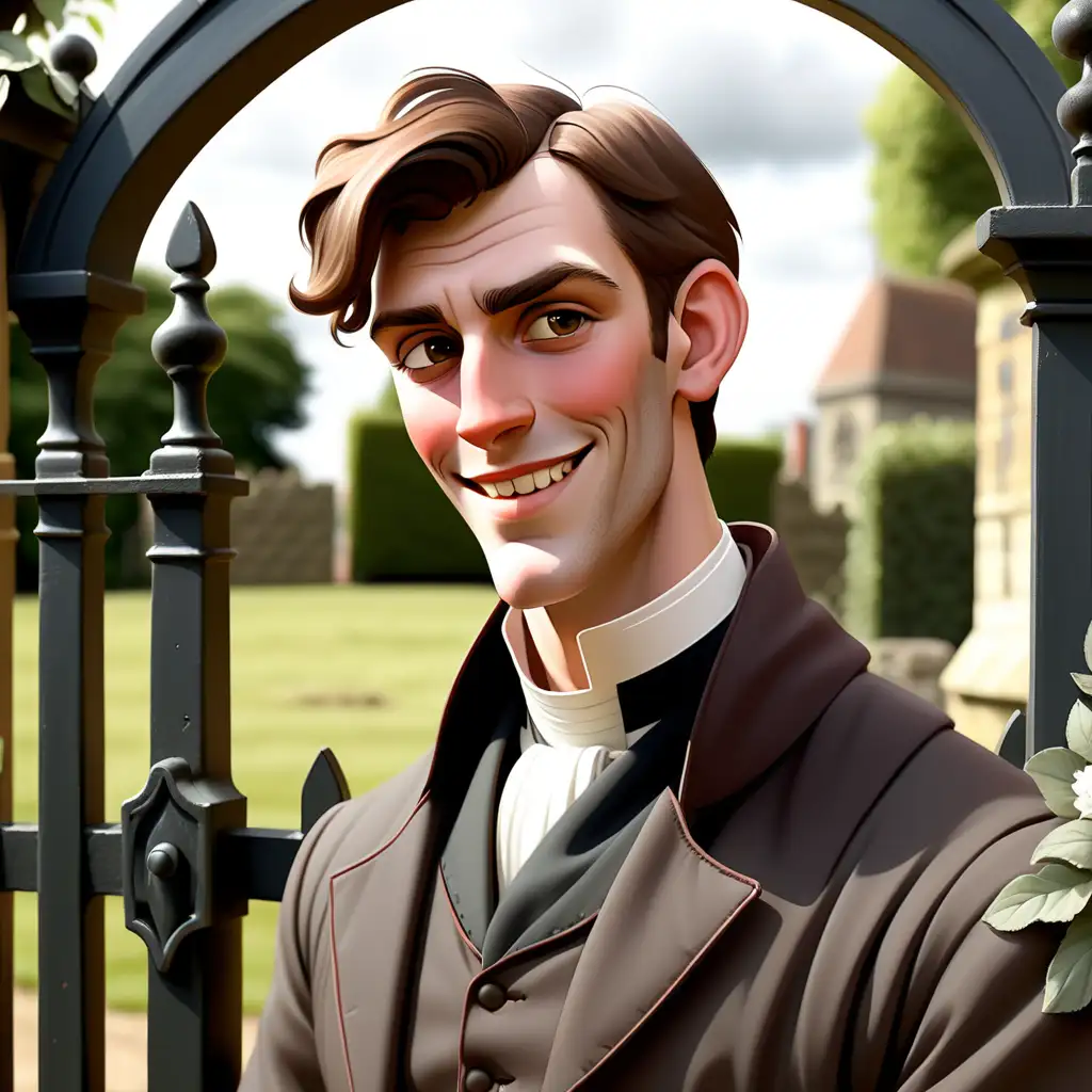 Happy, Handsome vicar mid-twenties 1816 England. Brown hair, strong jaw line, son of an Earl standing in front of a kissing gate.
