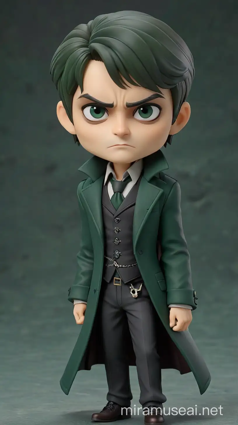 create a chibi Nendoroid version of Jhonny Depp as Barnabas Collins from the movie "Dark Shadows", do it with his vampire appearance with white skin and hair with pointy bangs falling over his forehead, his Victorian style costume in dark emerald green, do it without parts duplicated or defective body parts