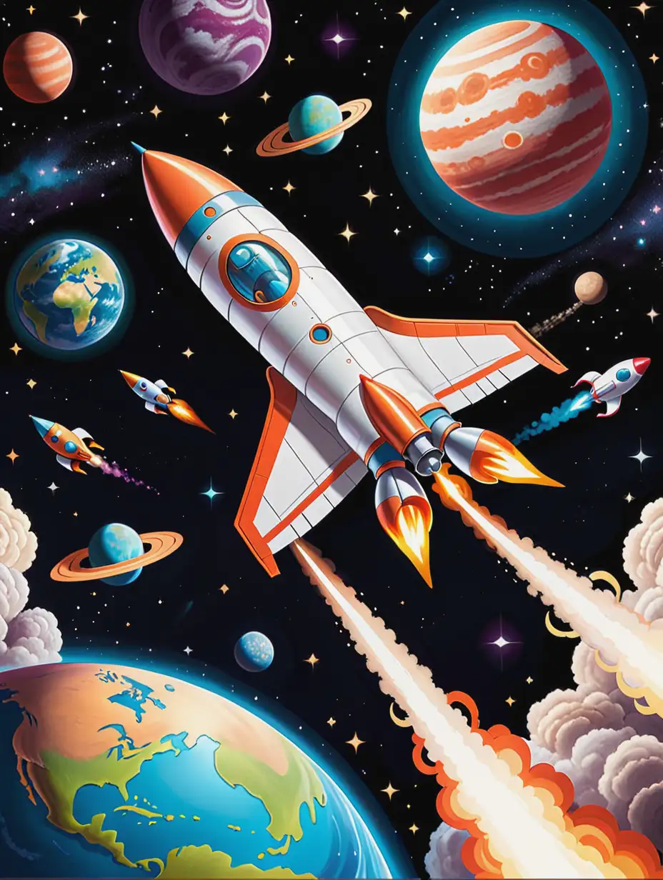 Coloring Book Style Rocket Ships Soaring Through Space