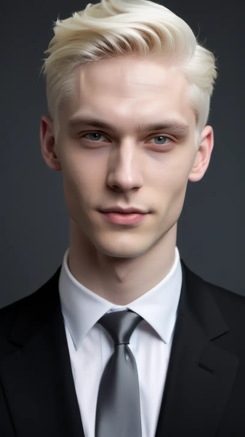 Sleek and Confident Young Man in Elegant Black Suit Smirking