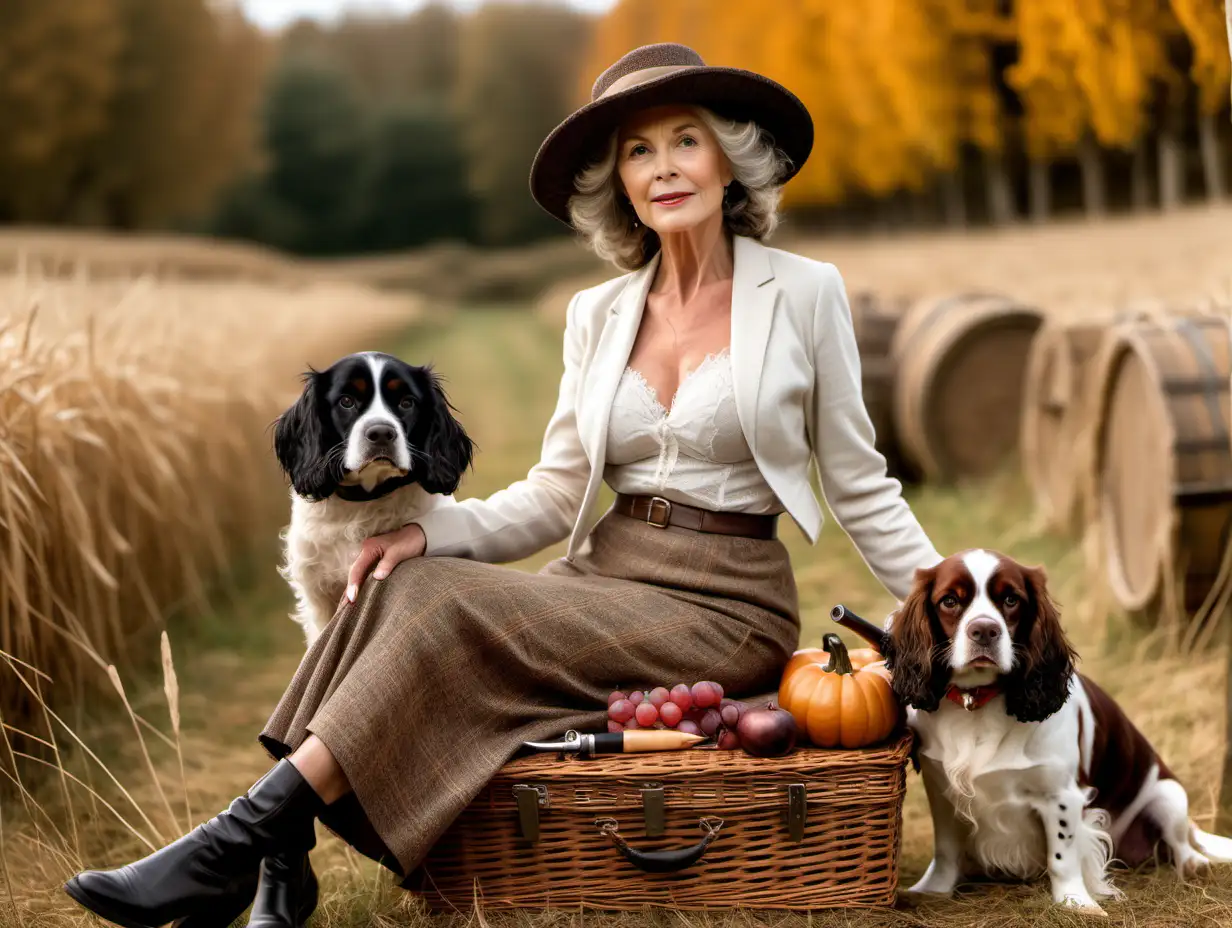 Stylish Mature Woman with DoubleBarrelled Shotgun and Spaniels in Autumn Field