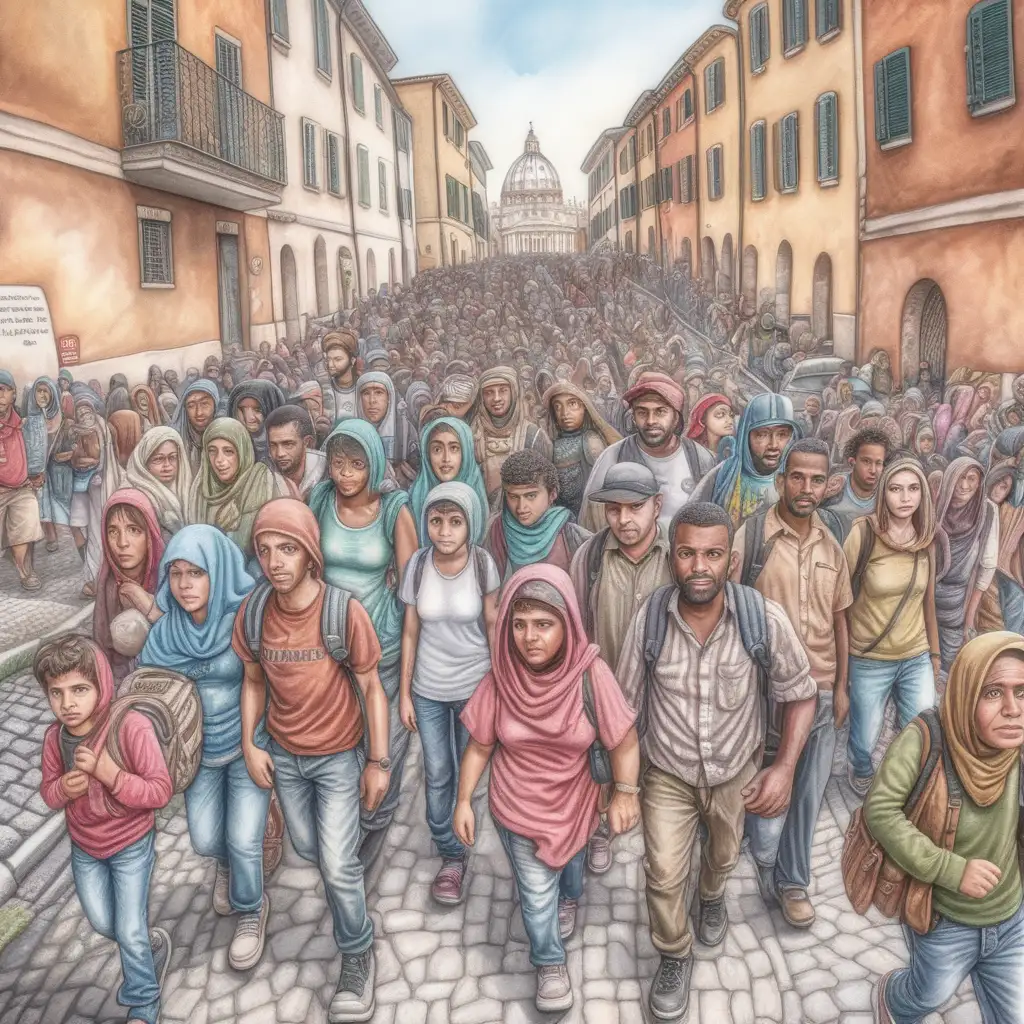 Create an image of refugees walking in Rome. The image must be in the style of Matt Wuerker. 