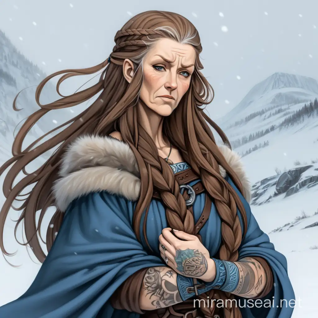 Viking Queen with Long Brown Hair in Snowy Landscape