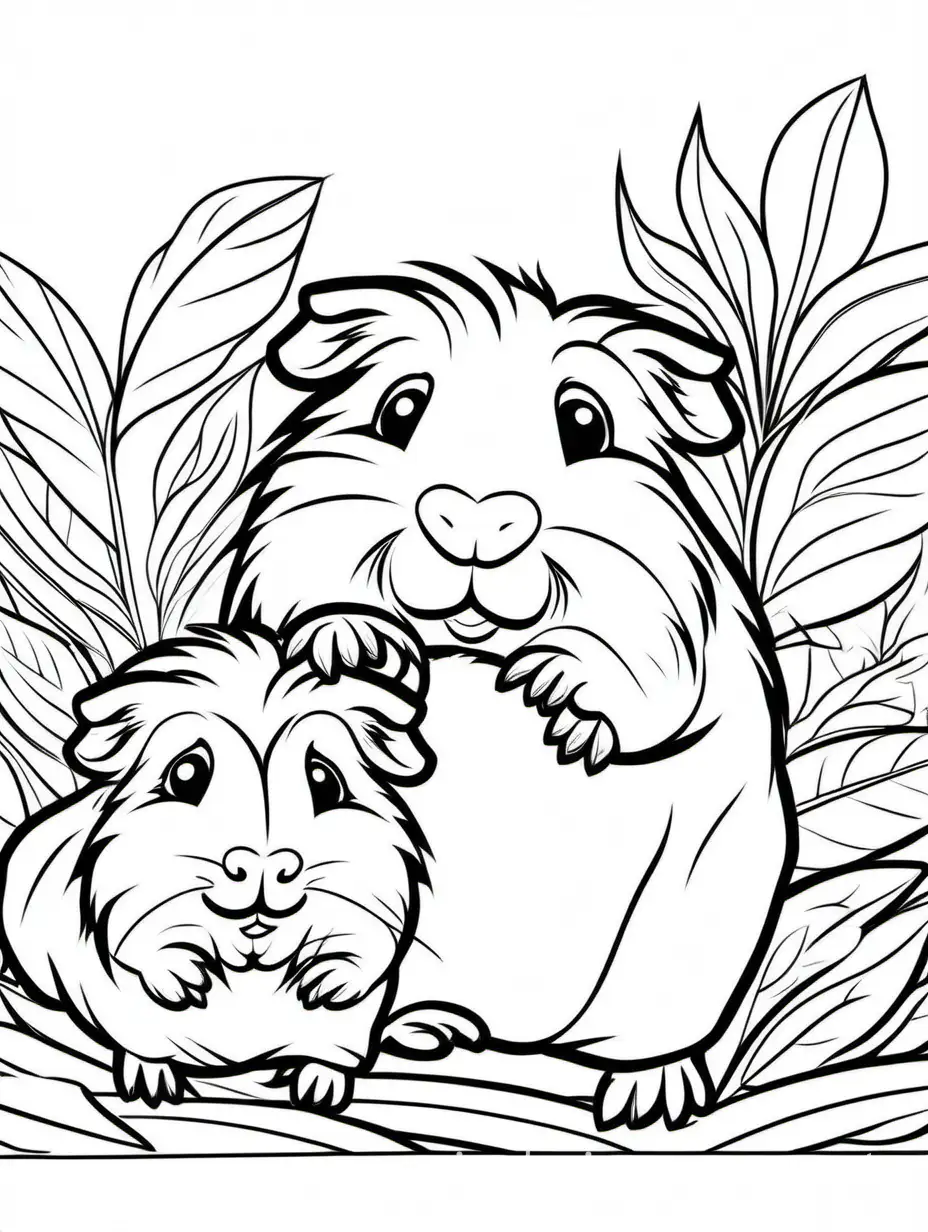 cute Guinea Pig with his baby for kids easy to coloring , Coloring Page, black and white, line art, white background, Simplicity, Ample White Space. The background of the coloring page is plain white to make it easy for young children to color within the lines. The outlines of all the subjects are easy to distinguish, making it simple for kids to color without too much difficulty