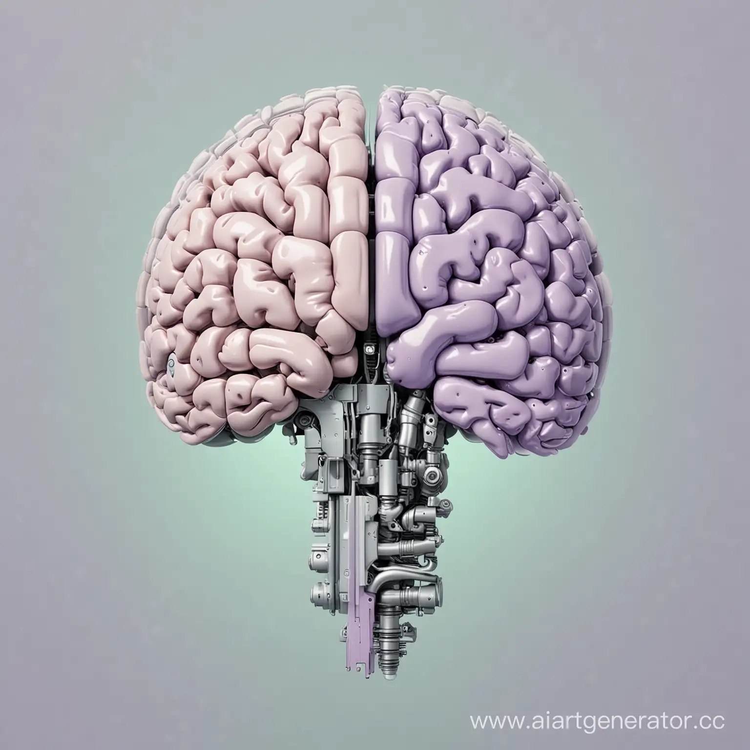 половина человеческого мозга, половина робота в стиле минимализм. разделено пополам. левая часть мозга в нежно мятном цвете, вторая в нежно сиреневом