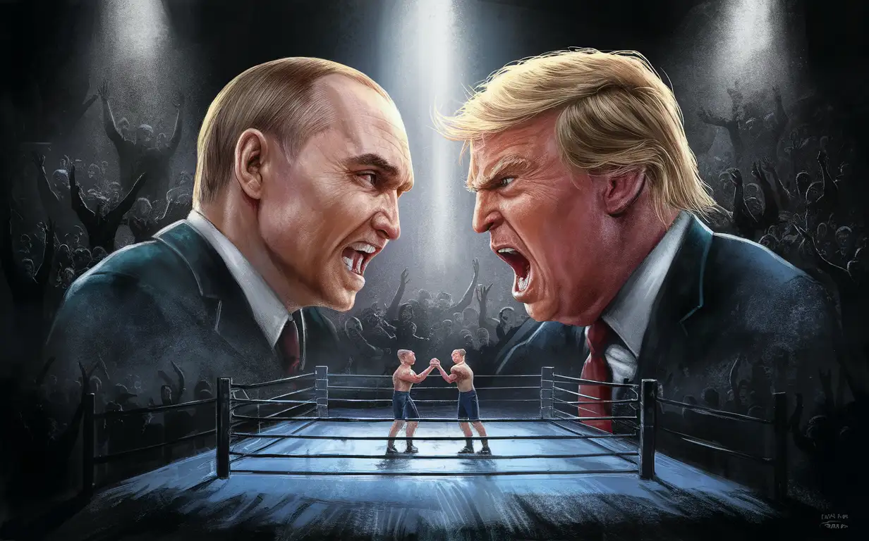 Владимир Путин вышел на бойцовский ринг сражаться с Дональдом Трампом, у них злые лица. На заднем фоне болельщики и плохо освещённое помещение