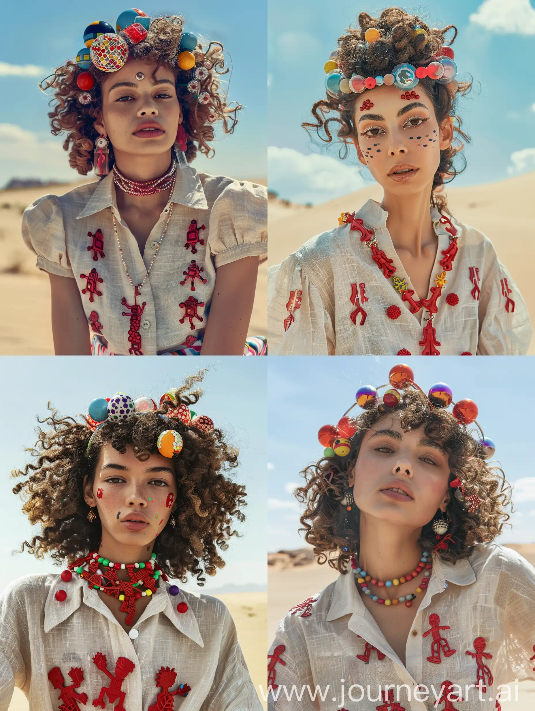 A woman with an attractive appearance, with luxurious curly hair adorned with a headband made of plastic and big colorful balls on it, a linen blouse adorned with red plastic figures designed on the blouse, multilayered plastic necklace, expressive facial features, a relaxed posture, the background is desert and sky, High-quality mirror camera, , HYPERREALISTIC PHOTOGRAPHY 