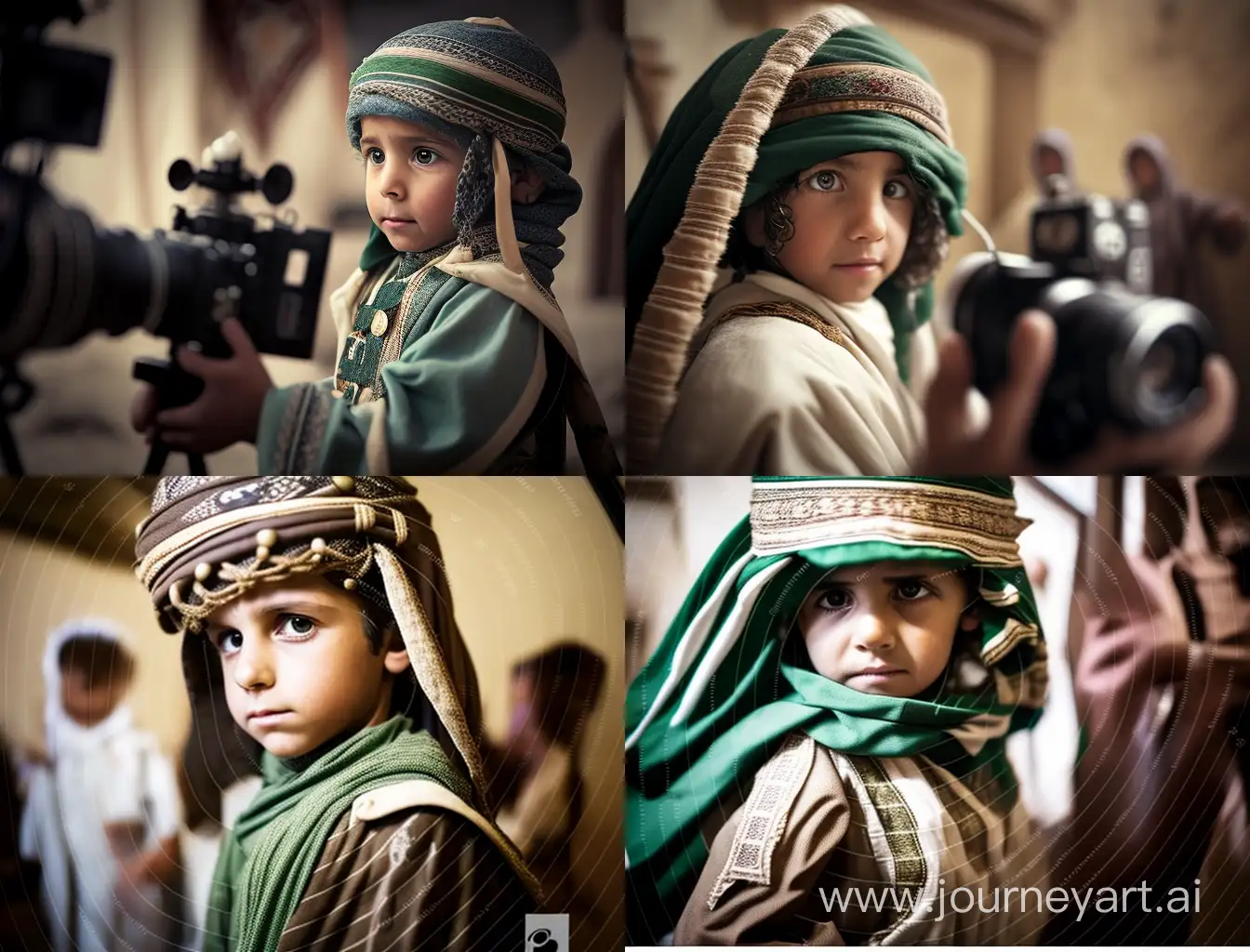 Editorial photo of a Saudi child wearing the traditional, archaeological Saudi costume on the occasion of Saudi Founding Day, professional cinematography, shallow depth of field, subject in focus, professional color grading, precise dynamic movement, movie film, professional movie camera