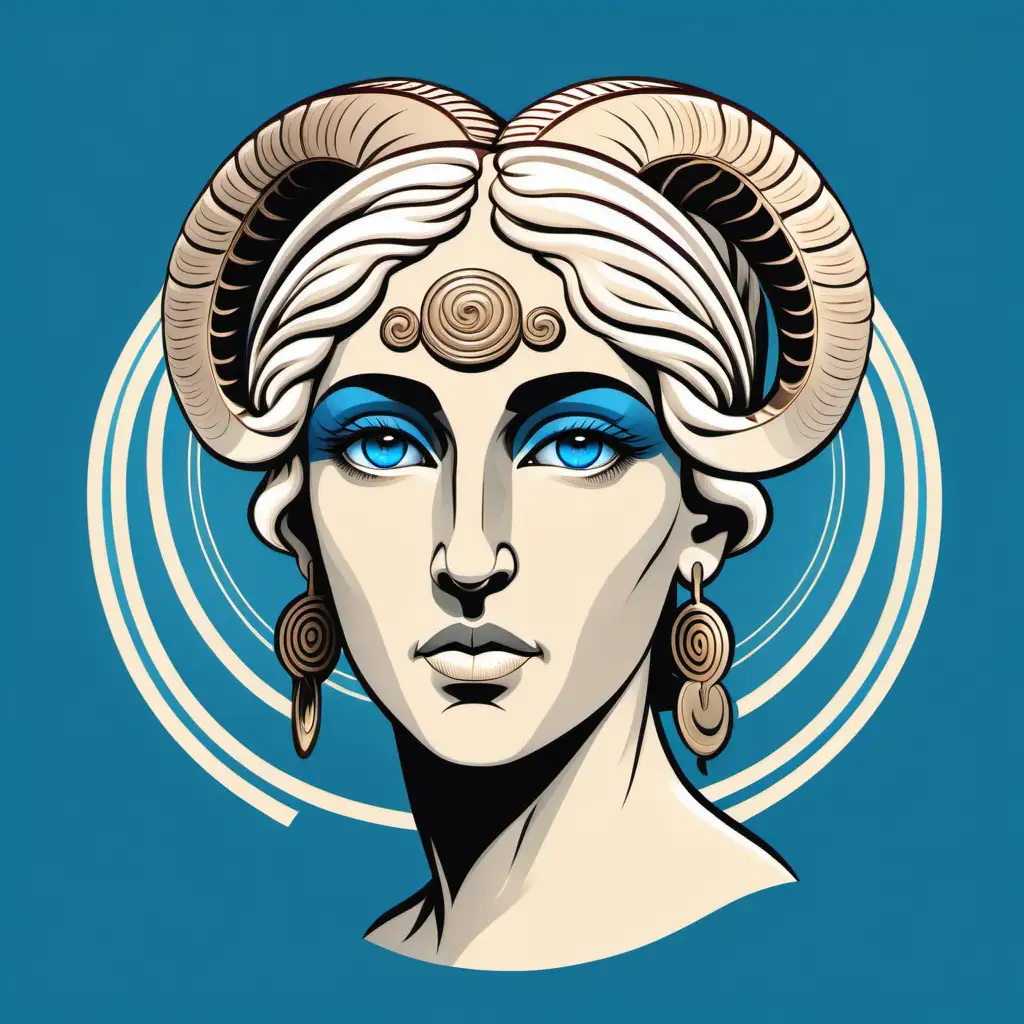 Ilustración de líneas y colores sólidos, vectorial, del rostro de una mujer griega antigua, aries, bella, rubia con ojos azules y con cuernos de cabrito