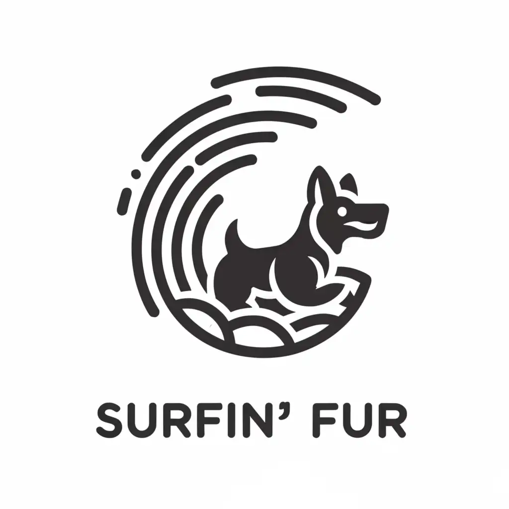 a logo design, with the text Surfin Fur, main symbol:scottish terrier running from ocean wave in black and white, Minimalistic, clear background