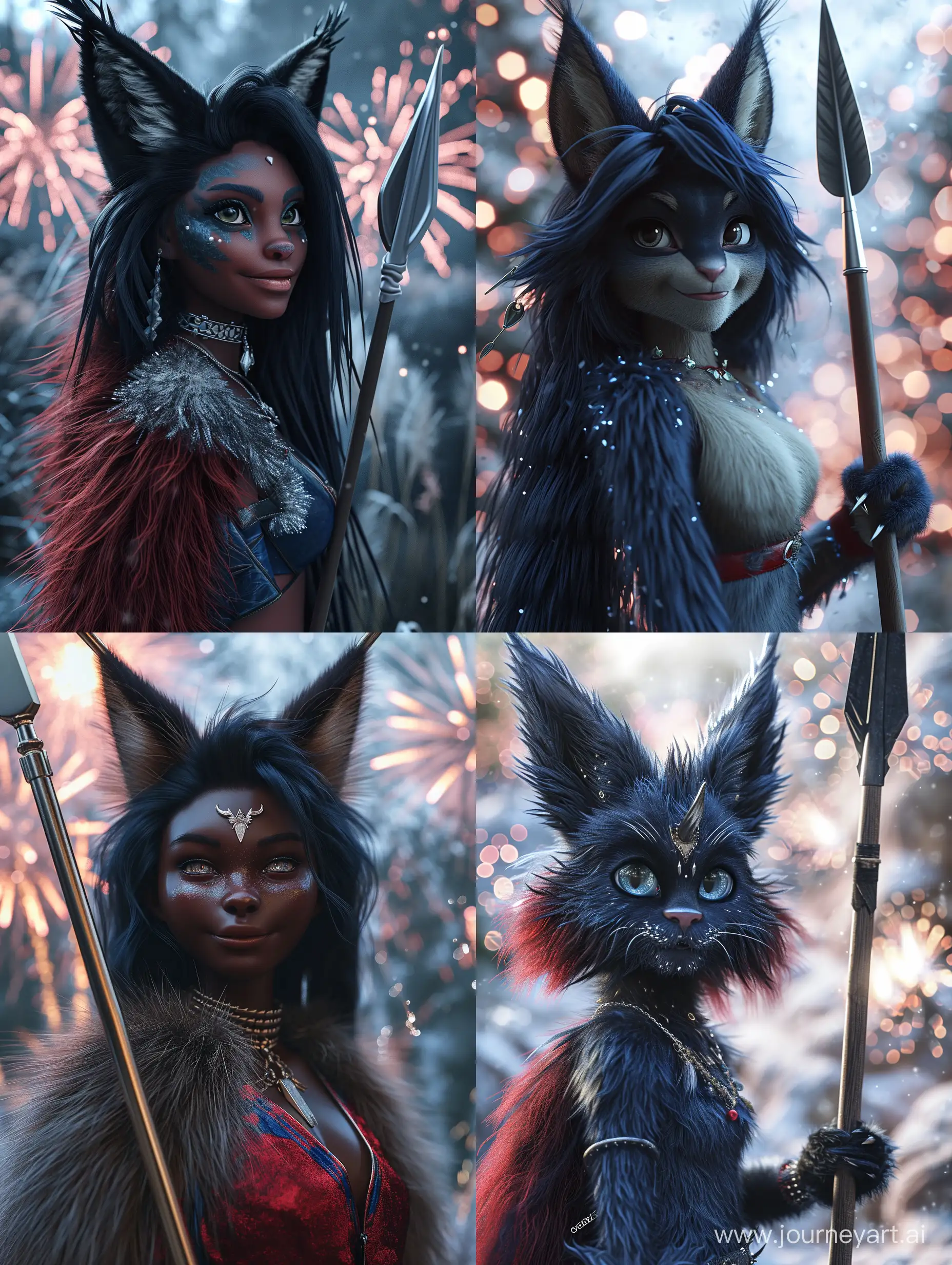 Felinoid, warrior princess, dark skinned, cat-like ears, full body, full body image, 
indigo moss red fulvous cream silver photorealistic beautiful eyes, beautiful skin details, highly detailed long silken fur, fursona, furaffinity, attractive, confident, optimistic, smiling, heavenly look, spear, background theme spring, fireworks, acrylic on paper portrait, ultra realistic, global illumination, occlusion, volumetric lighting, volumetric mist, sharp focus, narrow dof, 128k uhd poser, octane