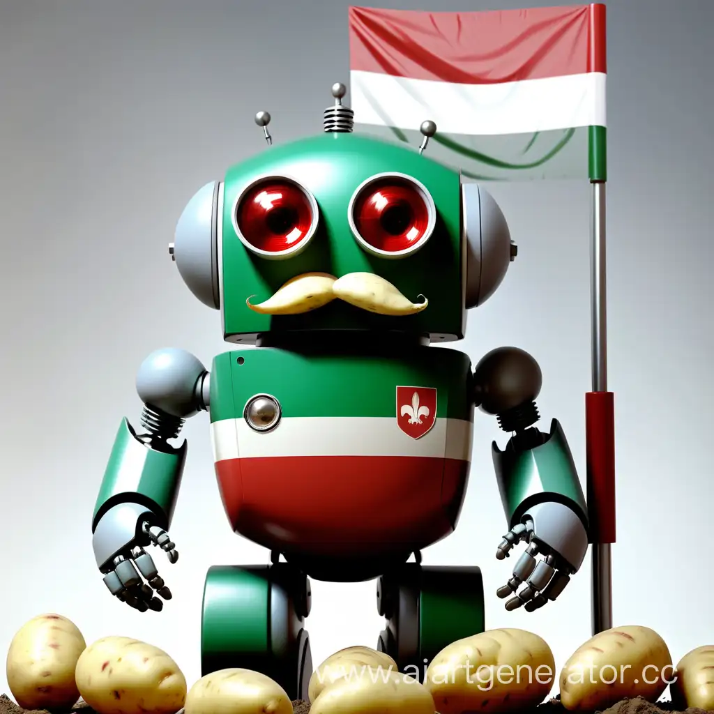 Усатый Робот цвета белорусского флага выращивает картофель