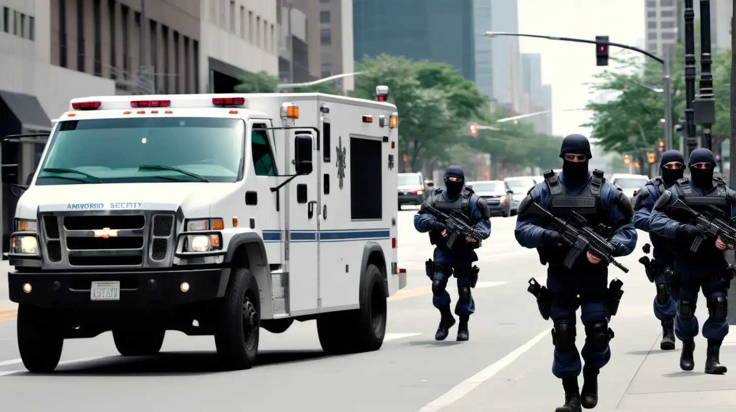 A normal  white  man walking on the street with 8 armed security follow him ,a armored truck pass by