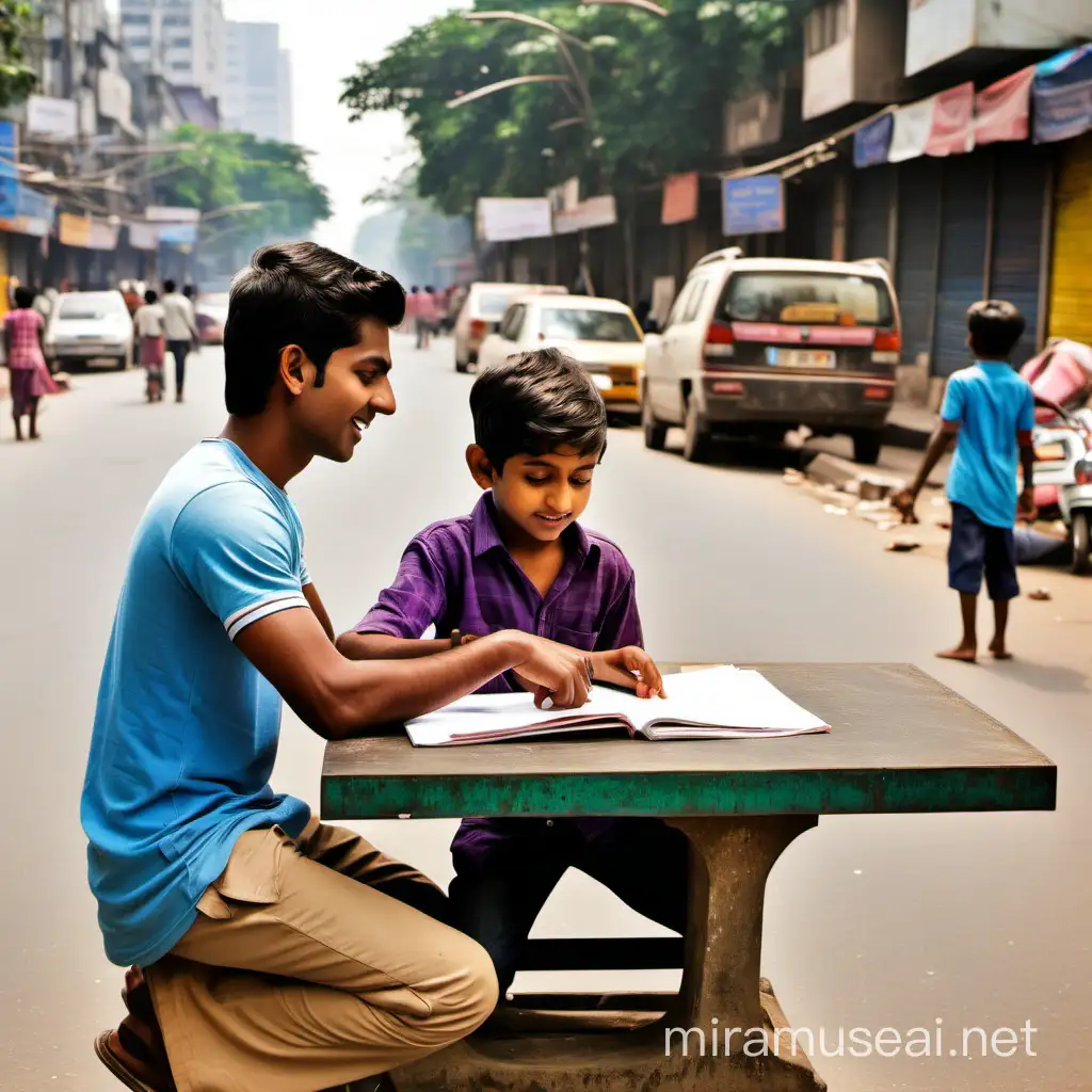 A cool looking Indian youth teaching a child on a desk in the middle of a street in a city. 