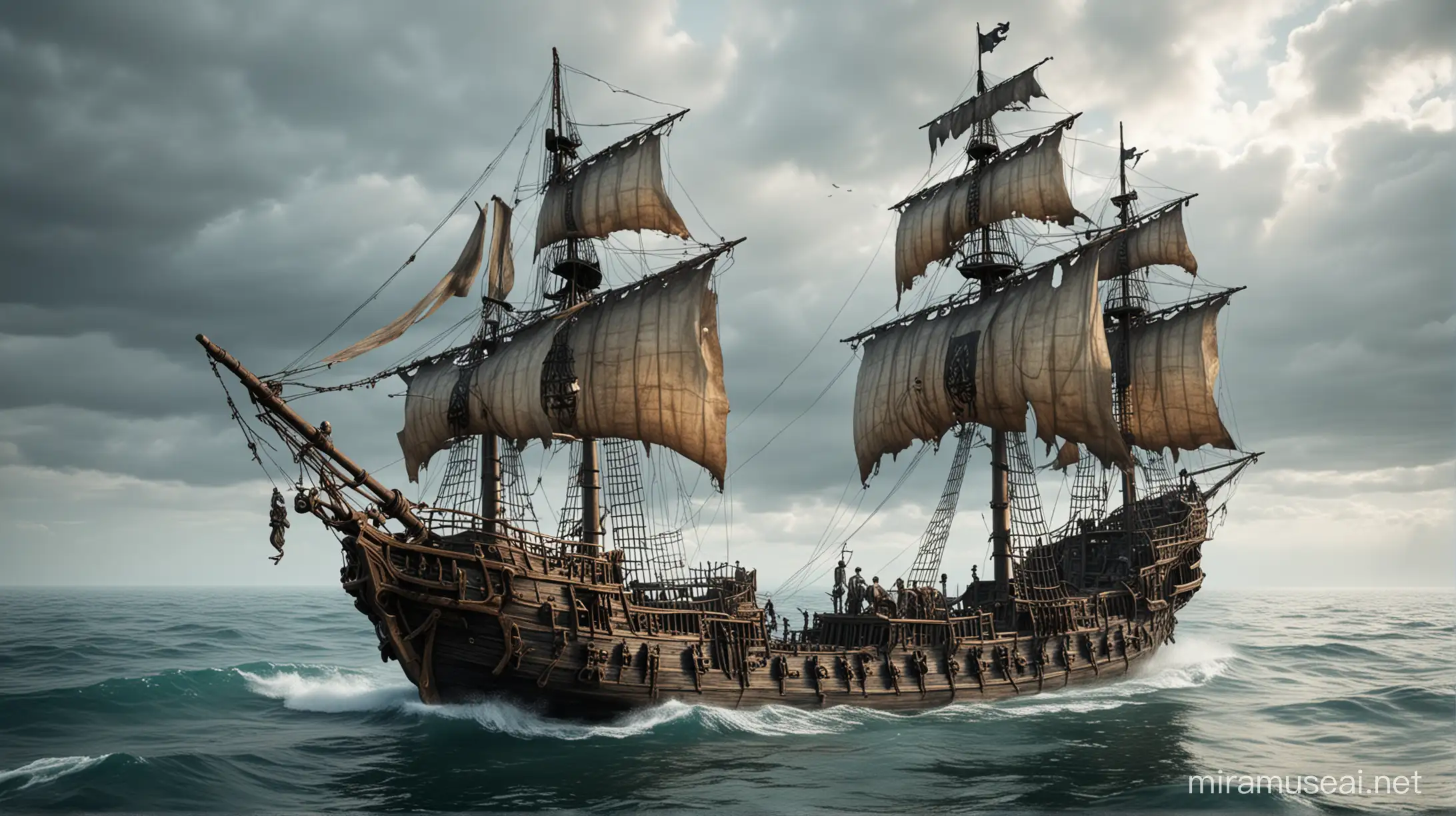 Realistic Skeleton Pirate Ship Sailing on the Sea