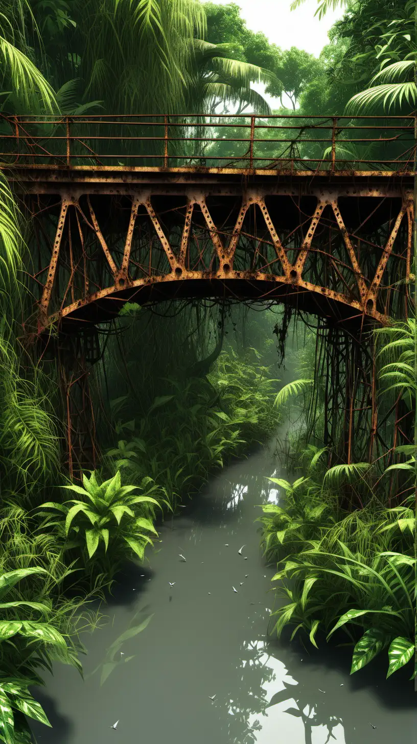 OLD RUSTY BRIDGE INFESTED WITH PLANT, LEFT-HAND SIDE, JUNGLE, BIRDS
