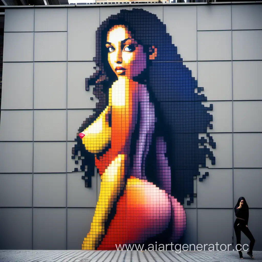 сексуальная девушка из кубов пикселей на стене крупного масштаба