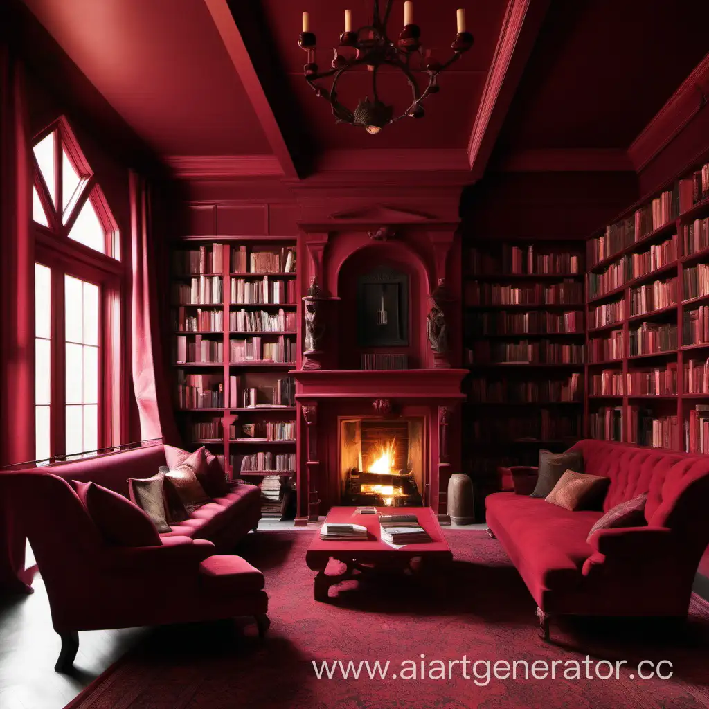 Hogwartsinspired-Crimson-Living-Room-with-Fireplace-and-Library