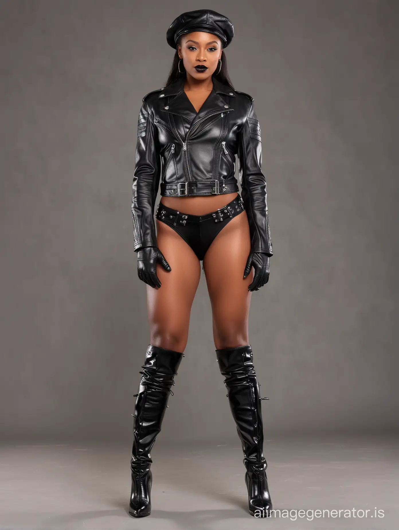 40 year old G-cup muscular ebony woman in black leather gloves, open spiked black motorcycle jacket, bare legs, black lipstick, leather masters cap, high heel leather boots
