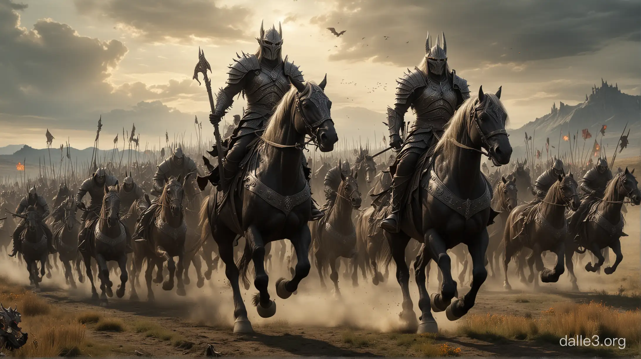 Sauron Riding Devilish Horse Leading Armed Army in Battlefield | Dalle3 AI