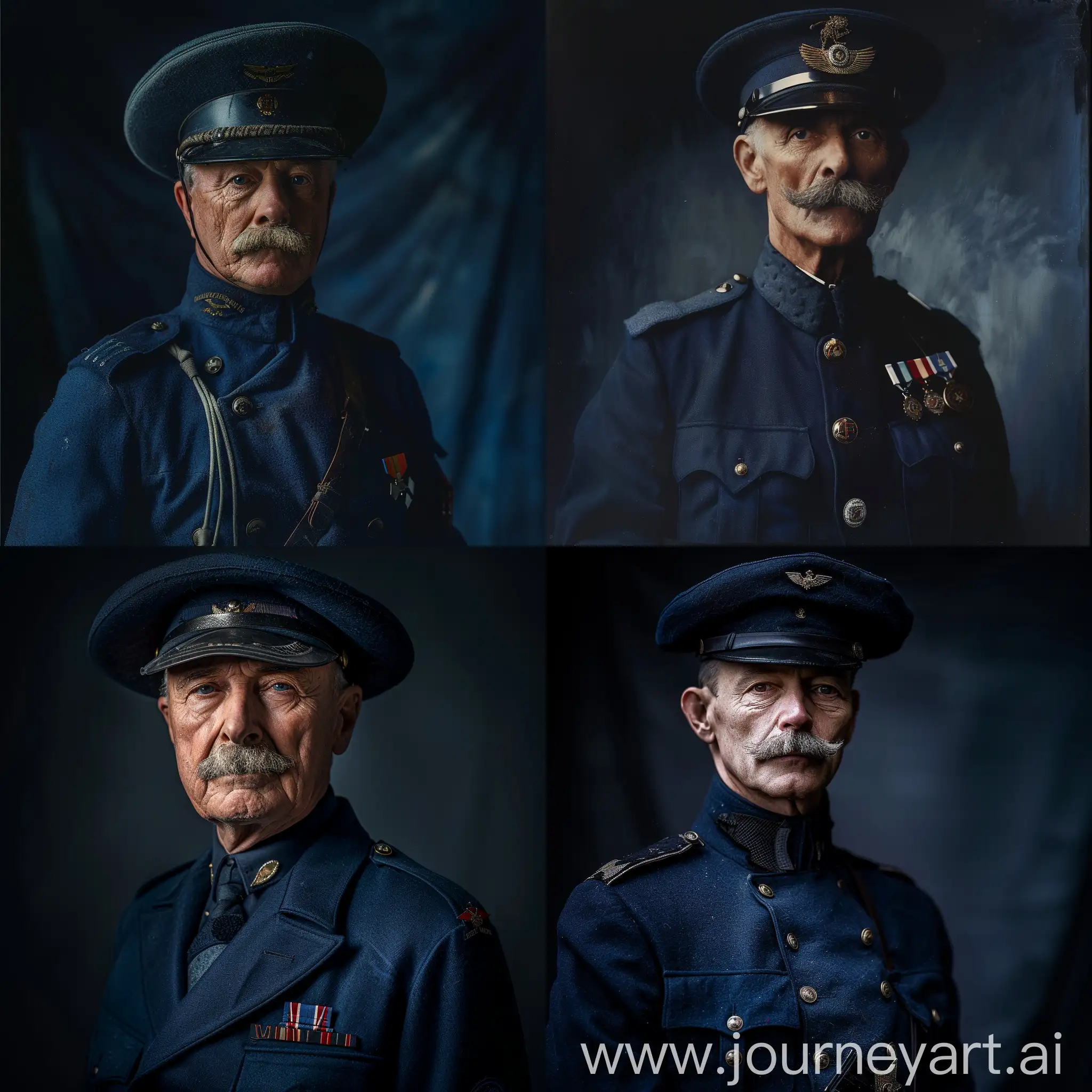 Portrait of British Air Chef Marshal Hugh Dowding, around 50 years old, depicted in dark blue general attire and hat, in the year 1900, ww1, cinematic lighting