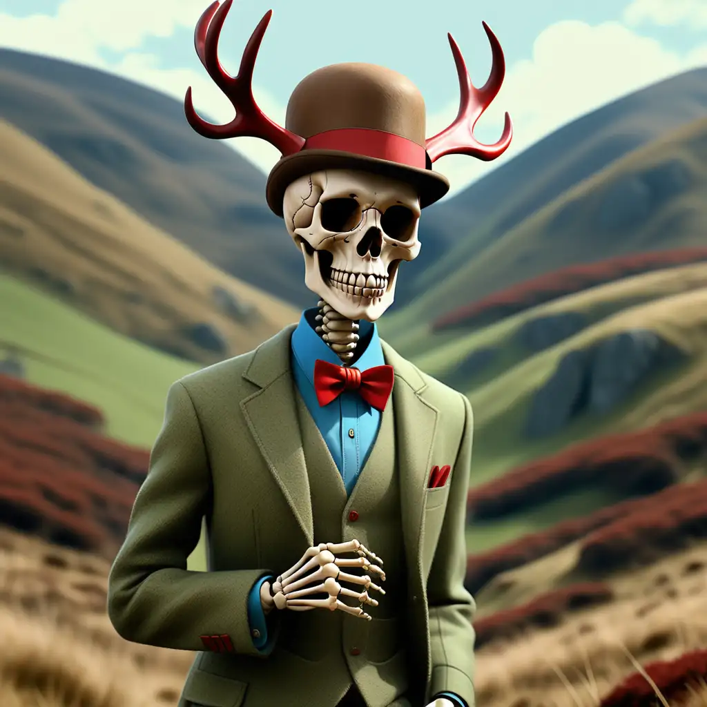 /imagine: surreal artistic impression of a man in a green tweed suit, wearing a blue shirt and red bow tie, mystical, Head is a skull with brown antlers coming out of either side. Man is wearing brown bowler hat, skeleton hands, walking in the in the hills of the scottish highlands