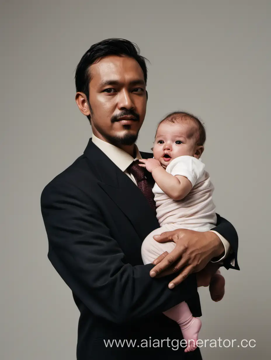 a man holds a baby in his arms in formal suits
