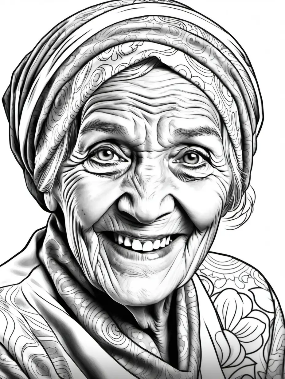 Adult coloring book page. Black and white. White background. Old woman wearing worn dress. Wearing headscarf.
Mischievous and youthful glint in her eyes.  Mischievous smile Deeps wrinkles on face.

