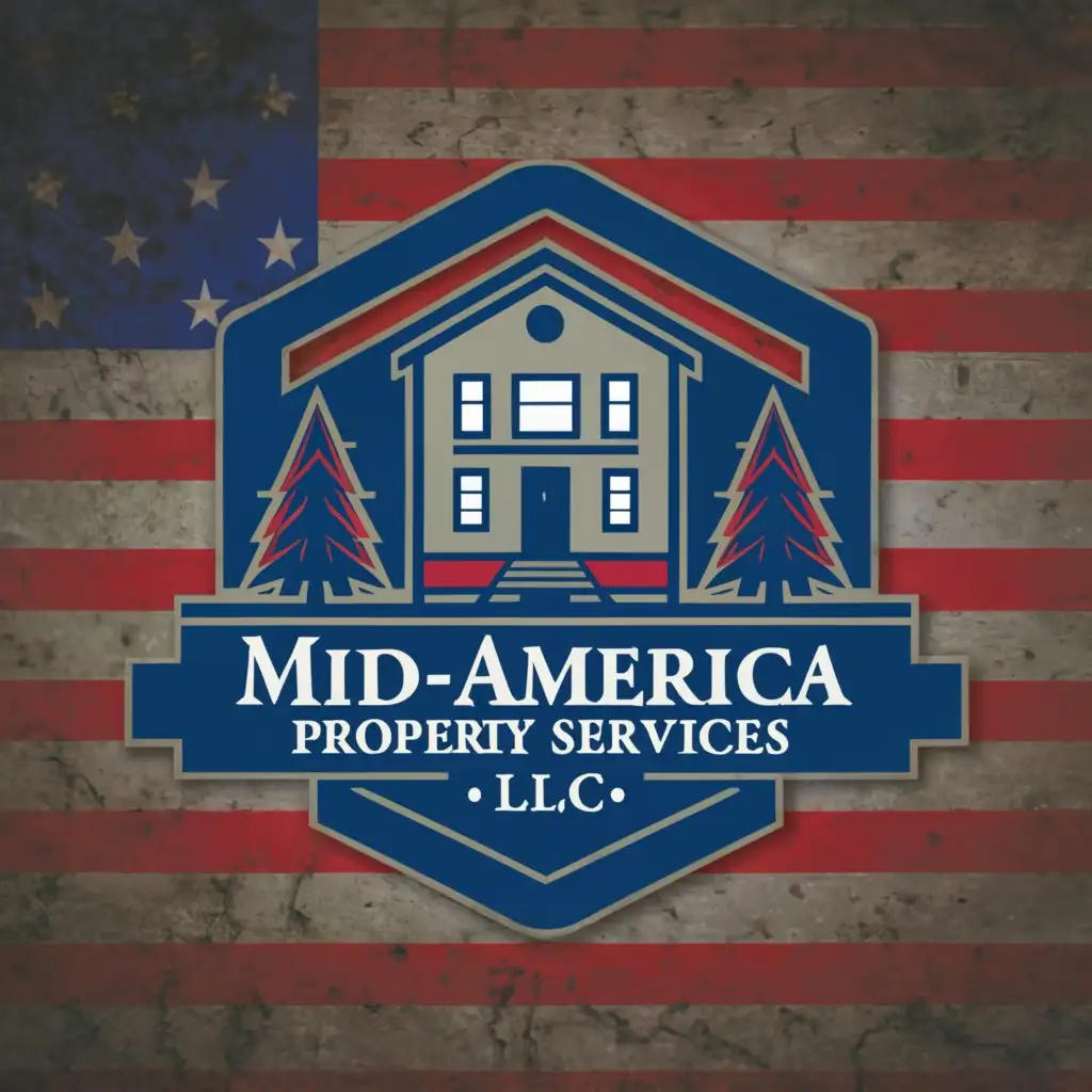 a logo design, with the text MID-AMERICA PROPERTY SERVICES L.L.C., main symbol: Red and Blue with White Primary Colors, Stylized simple Gabled House with Windows and Art-Deco Shield, Bauhaus Font, Supplemental Imagery: Basic Home Construction Hand Tools and Worker Figures centered around a bold, clean, Moderate, used in Roof Construction industry