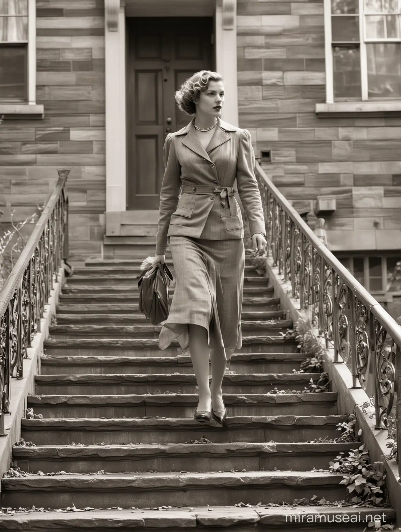 Mujer vestida a la usanza de 1930 en los suburbios de New York, persignándose mientras baja por una escalera de una antigua casona.