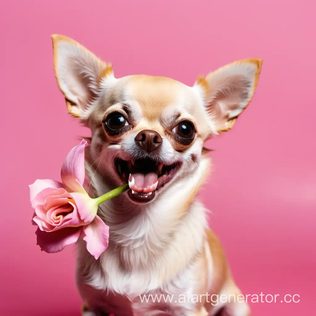 собачка чихуа-хуа с цветочком в зубах, розовый фон