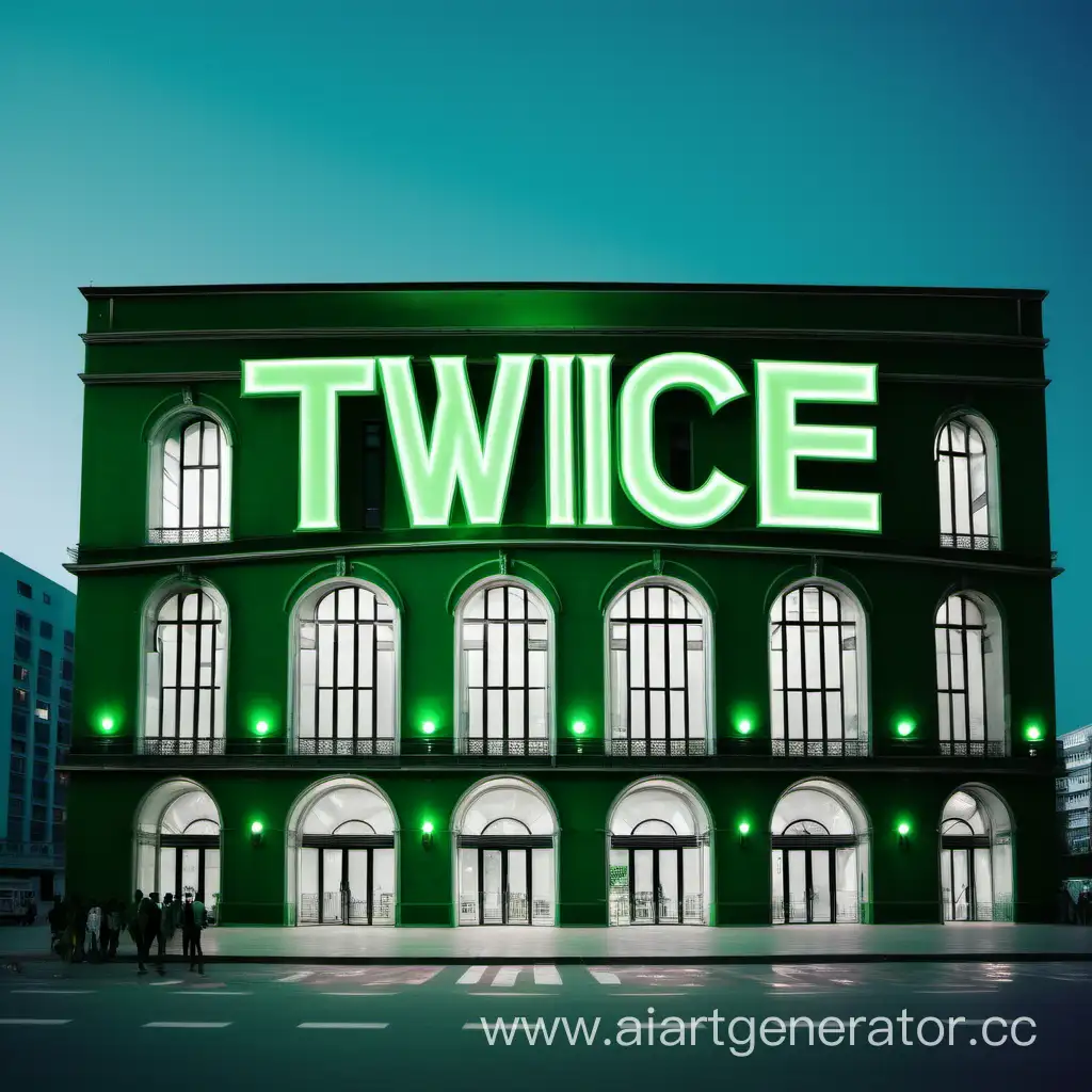 здание выполнено в зелено-белом  цвете с названием  "TWICE" светящимися буквами СО СЛОГАНОМ 