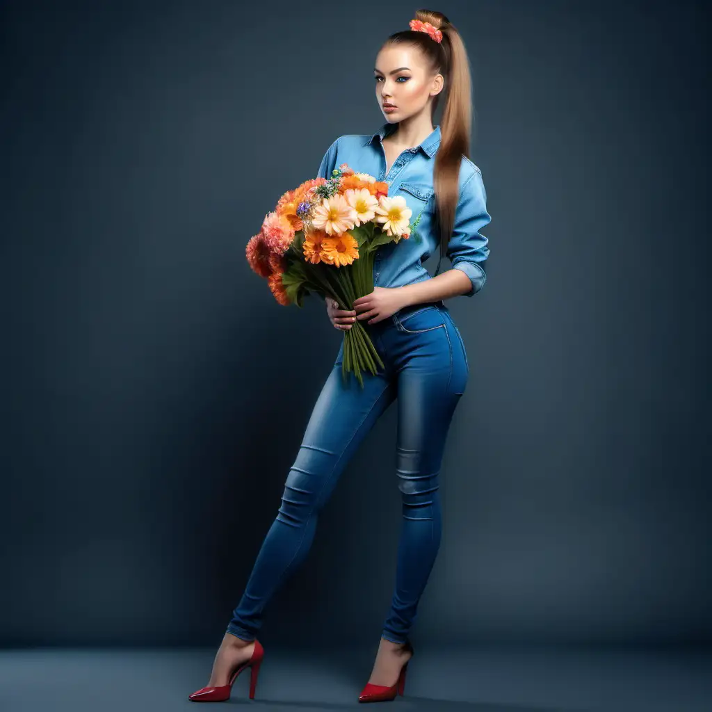 beautiful full body lady with flowers in hair ponytail and in blue jeans