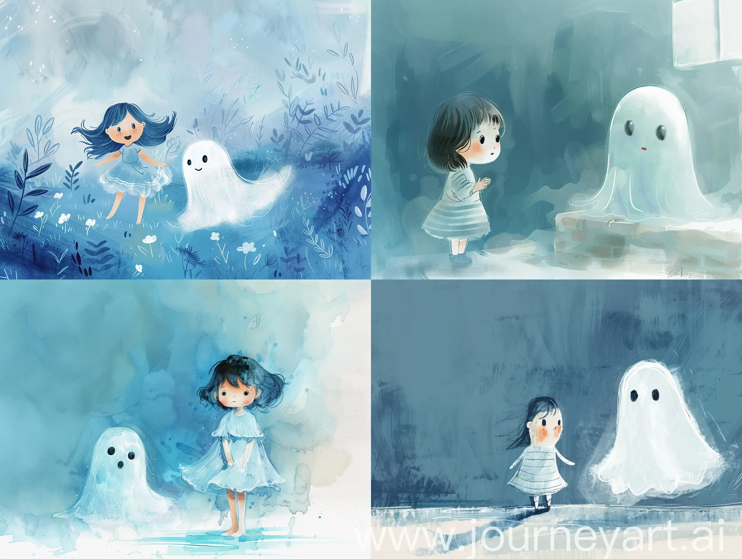 Adorable-Little-Girl-with-Ghost-Whimsical-Blue-Illustration