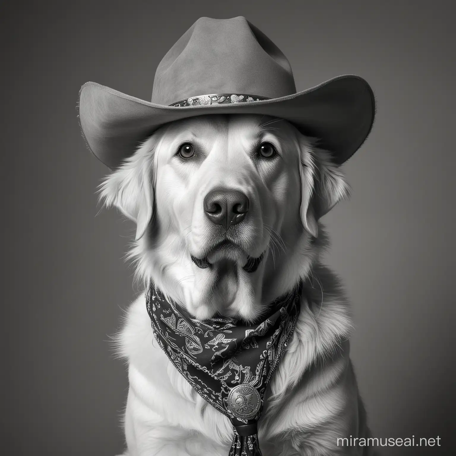 a golden retriever dog with a cowboy hat, and cowboy attire, black and white