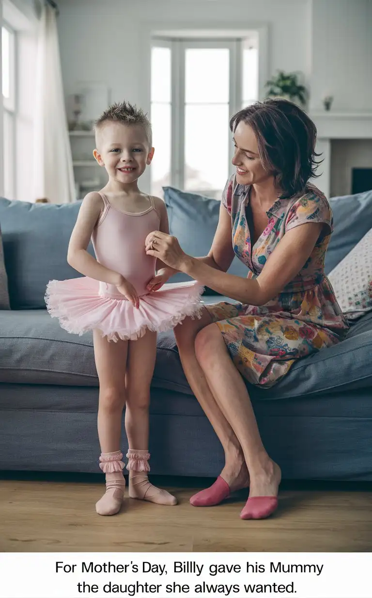 (((Gender role-reversal))), Photograph of a mother and her thin young son, a cute small boy age 7 with a cute face and little legs and short smart spiky hair, the mother is sitting on a large sofa in a bright living room and the boy is standing next to it, the mother is helping him to get dressed in a bright pink ballerina leotard and tutu dress and frilly pink socks, the sweet boy is smiling calmly with dimples, adorable, perfect children faces, perfect faces, clear faces, perfect eyes, perfect noses, smooth skin, the photograph is captioned “for Mother’s Day, Billy gave his mummy the daughter she always wanted.”