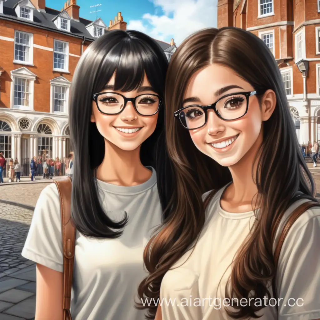 Девушка с коротки чёрными волосами и красивой улыбкой, стоит рядом с девушкой, у которой длинные коричневые волосы и очки, на фоне Англии