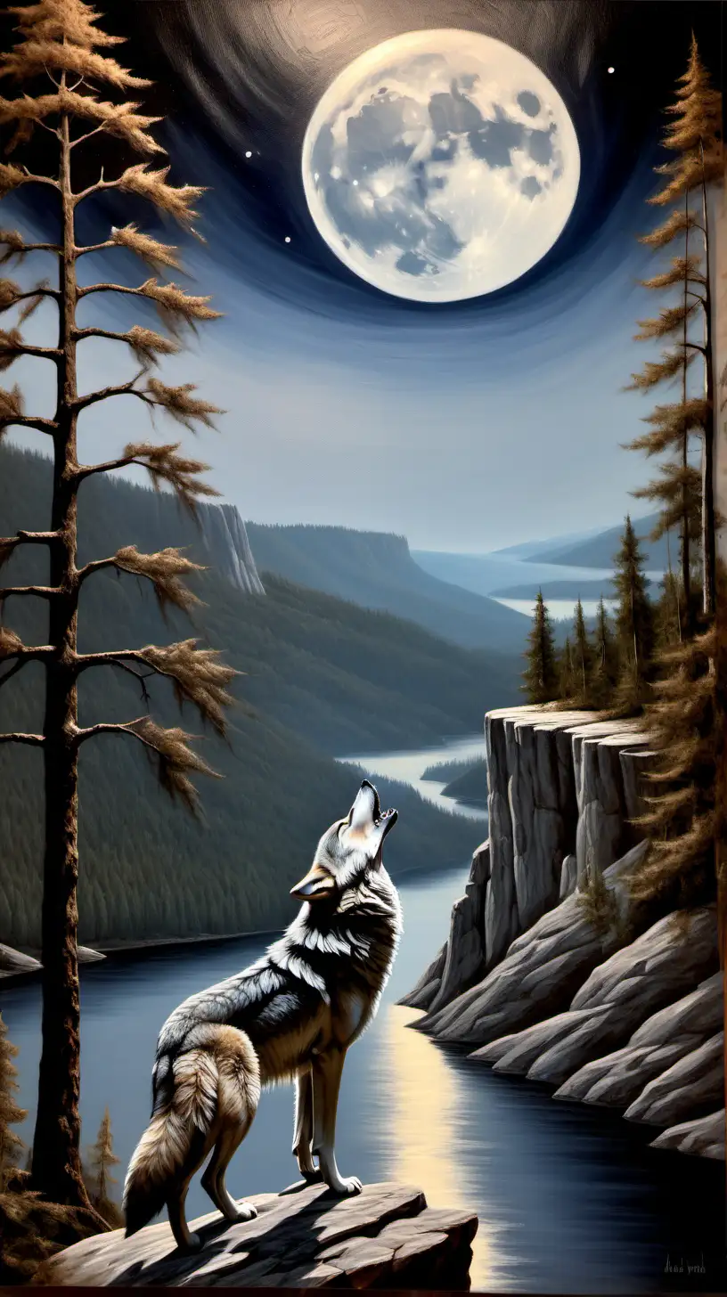  oil painting of howling wolf sitting in front of full white moon  on cliff with forest, lake, clear sky, no clouds, and mountains