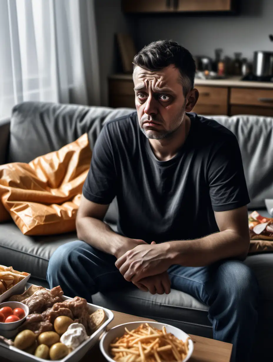 A hyper realistic photo of a man sitting on his couch with food all around him sad looking like a slob in a house background 