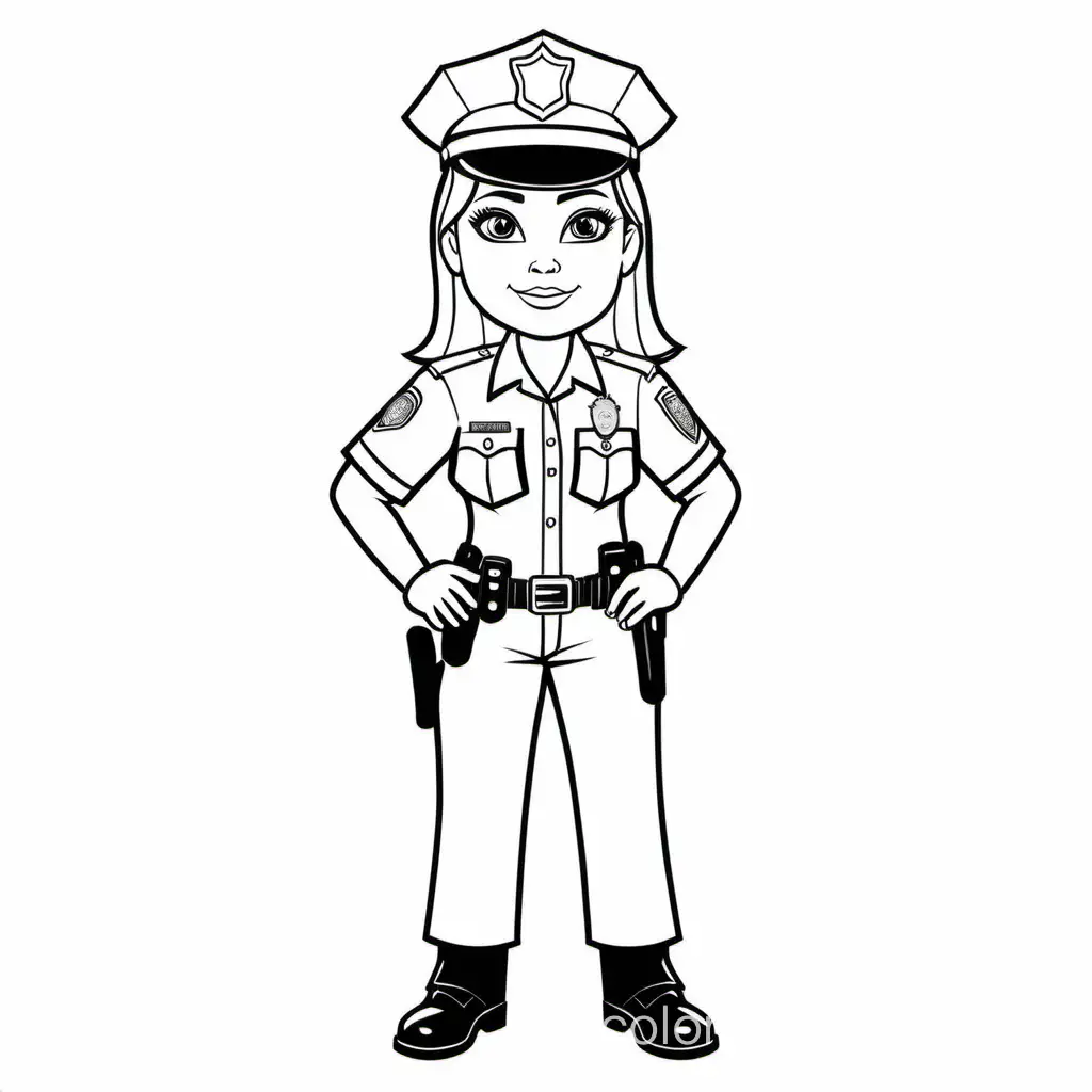 woman police officer full view

, Coloring Page, black and white, line art, white background, Simplicity, Ample White Space. The background of the coloring page is plain white to make it easy for young children to color within the lines. The outlines of all the subjects are easy to distinguish, making it simple for kids to color without too much difficulty