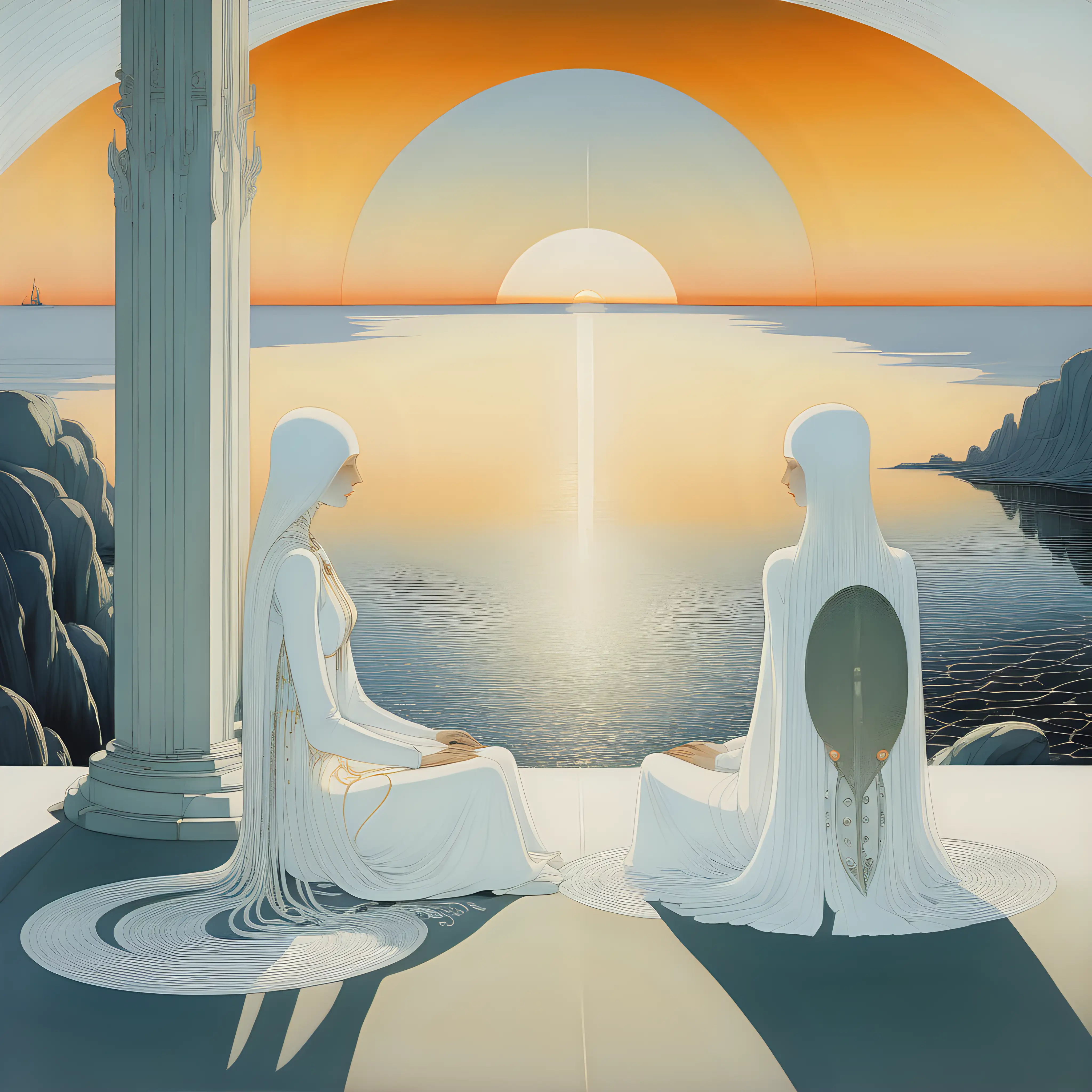 futuristic painting in kay nielsen style of two women and a man in white clothings sitting by an ocean watching sunset
