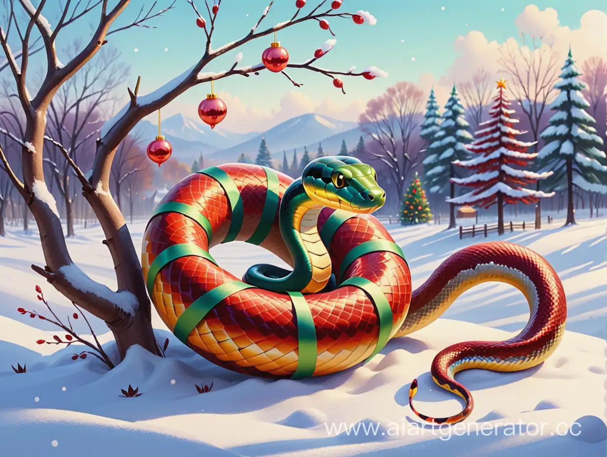 змея обвивает ветку и держит мешок с подарками, зимний фон, гуашь